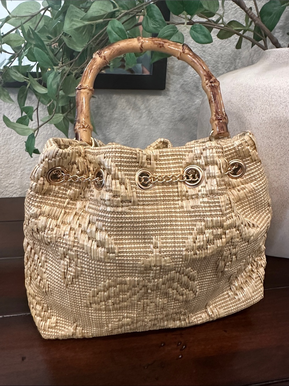 Tommy Bahama Natural Straw Hobo with Bamboo Handle and Gold Tassel - Picture 6 of 9